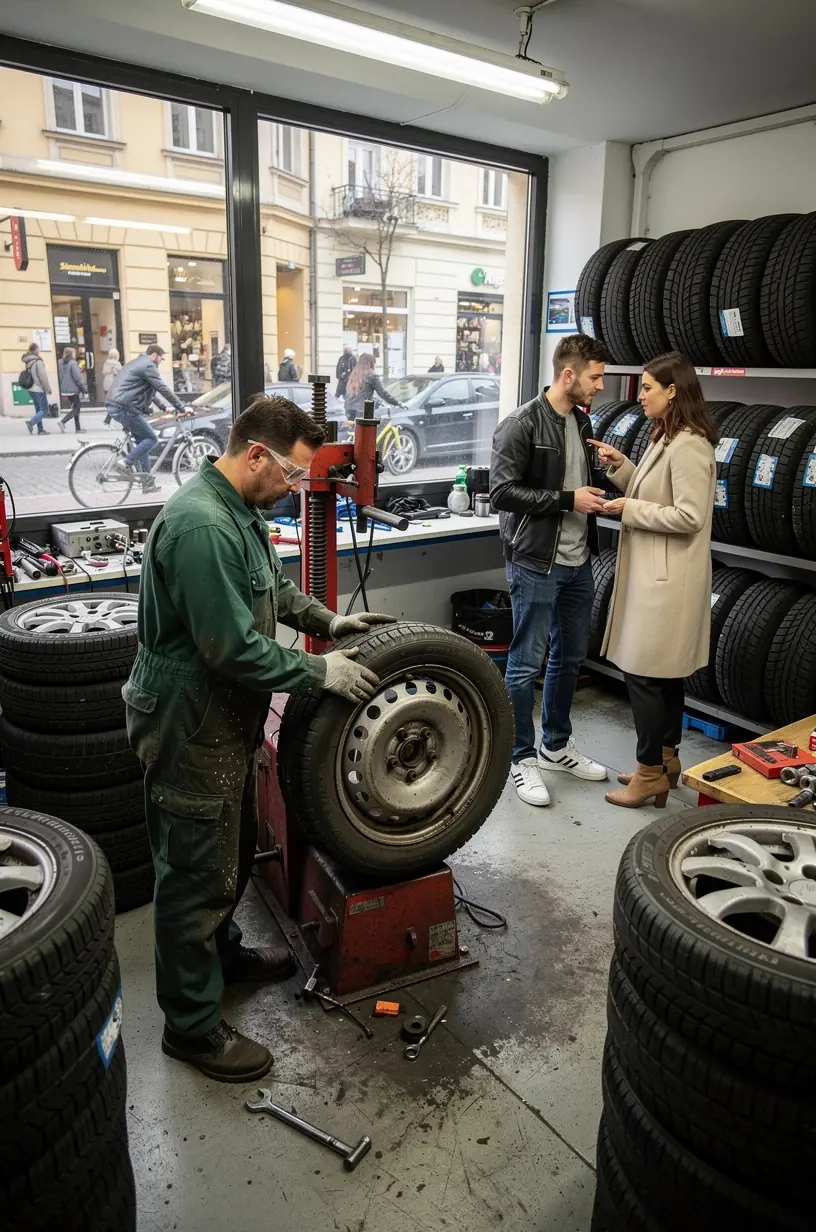 Technik mení pneumatiky na osobnom automobile v autoservise blízko Bratislavy.